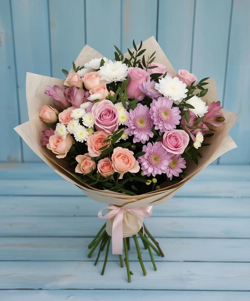 Букет цветов из: Хризантемы, Розы и Альстромерии в Краснознаменске Калининградской области