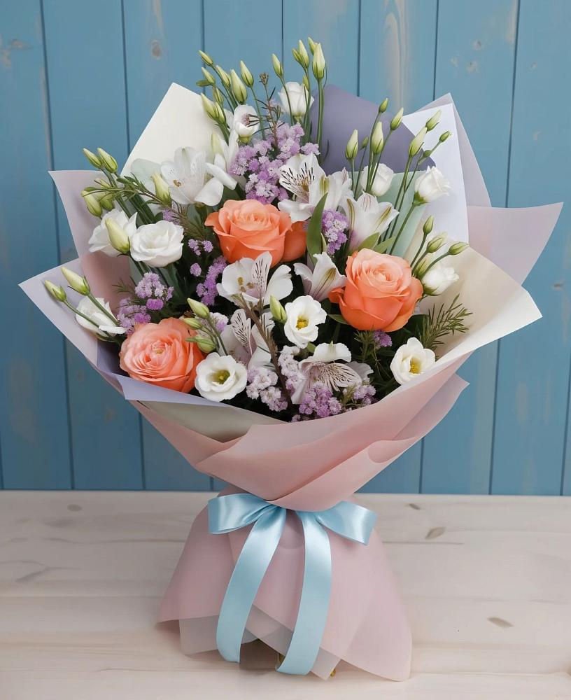 Букет цветов из: Лизиантусы, Розы, Альстромерии и Гипсофила в Краснознаменске Калининградской области