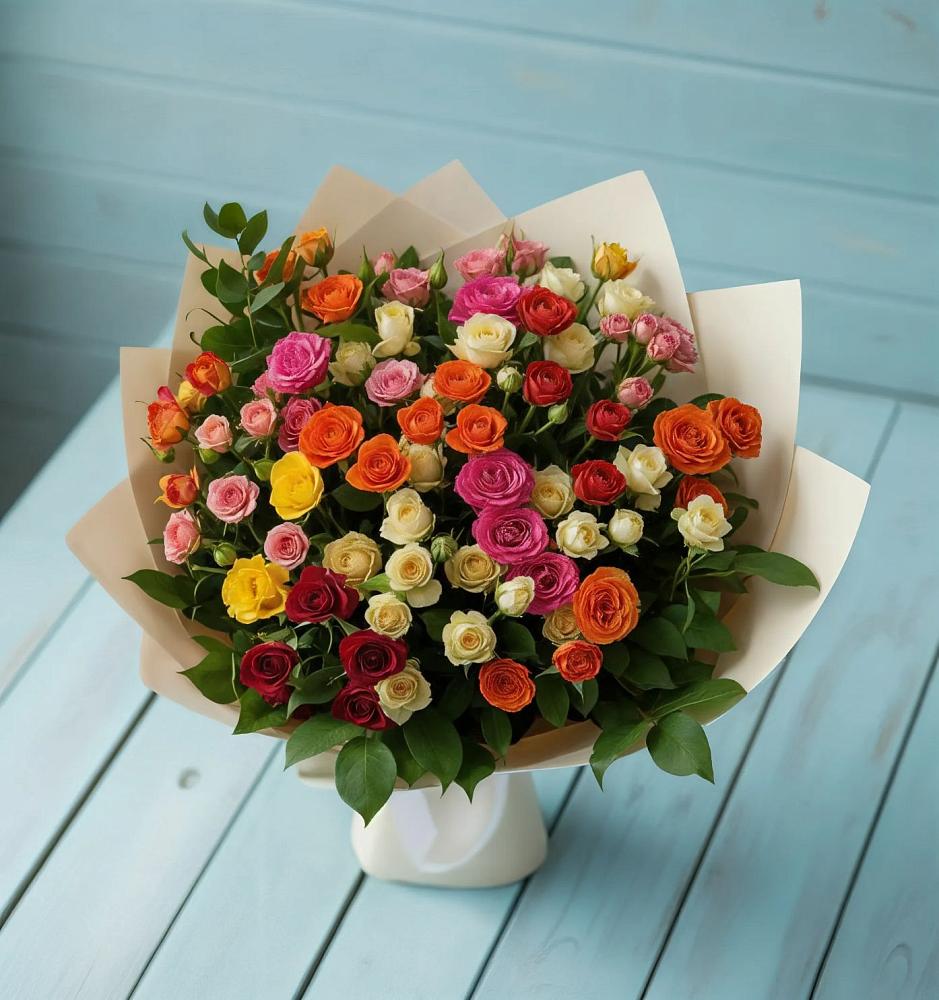 Букет Микс из разноцветных кустовых роз в Краснознаменске Калининградской области