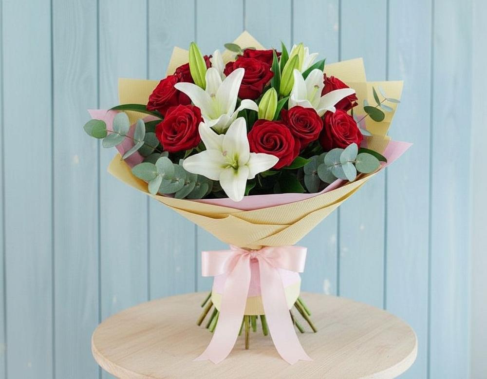 Букет цветов из: Лилии и Розы в Краснознаменске Калининградской области