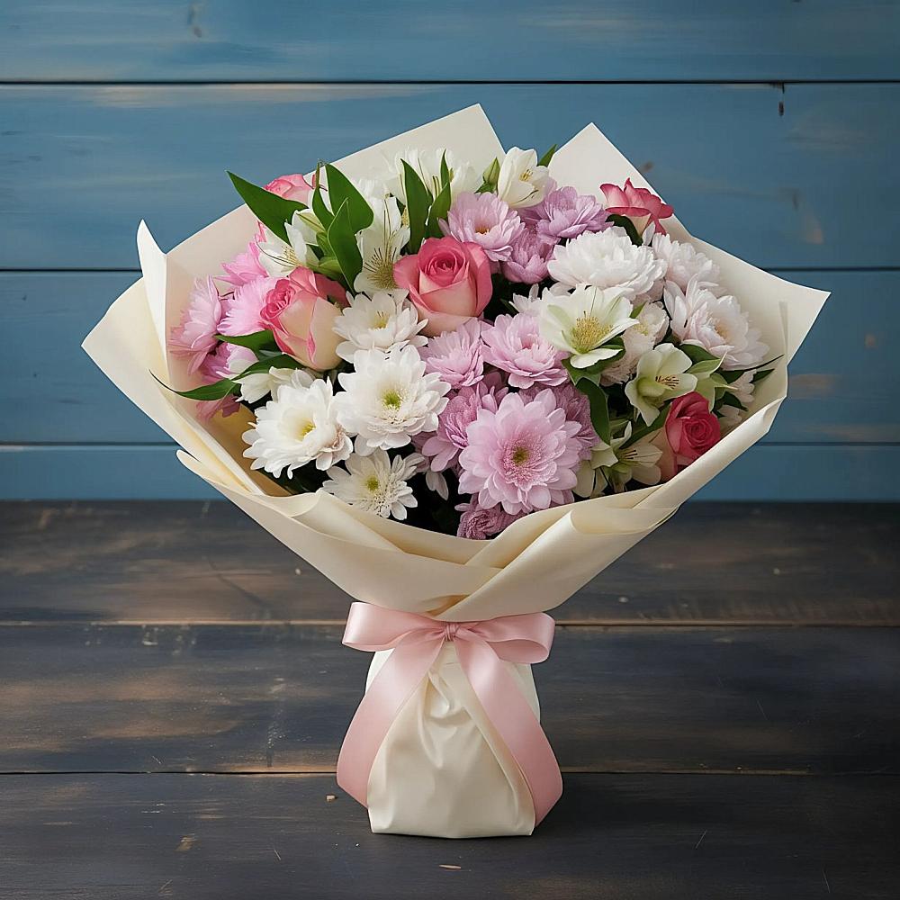 Букет цветов из: Хризантемы, Альстромерии и Розы в Краснознаменске Калининградской области